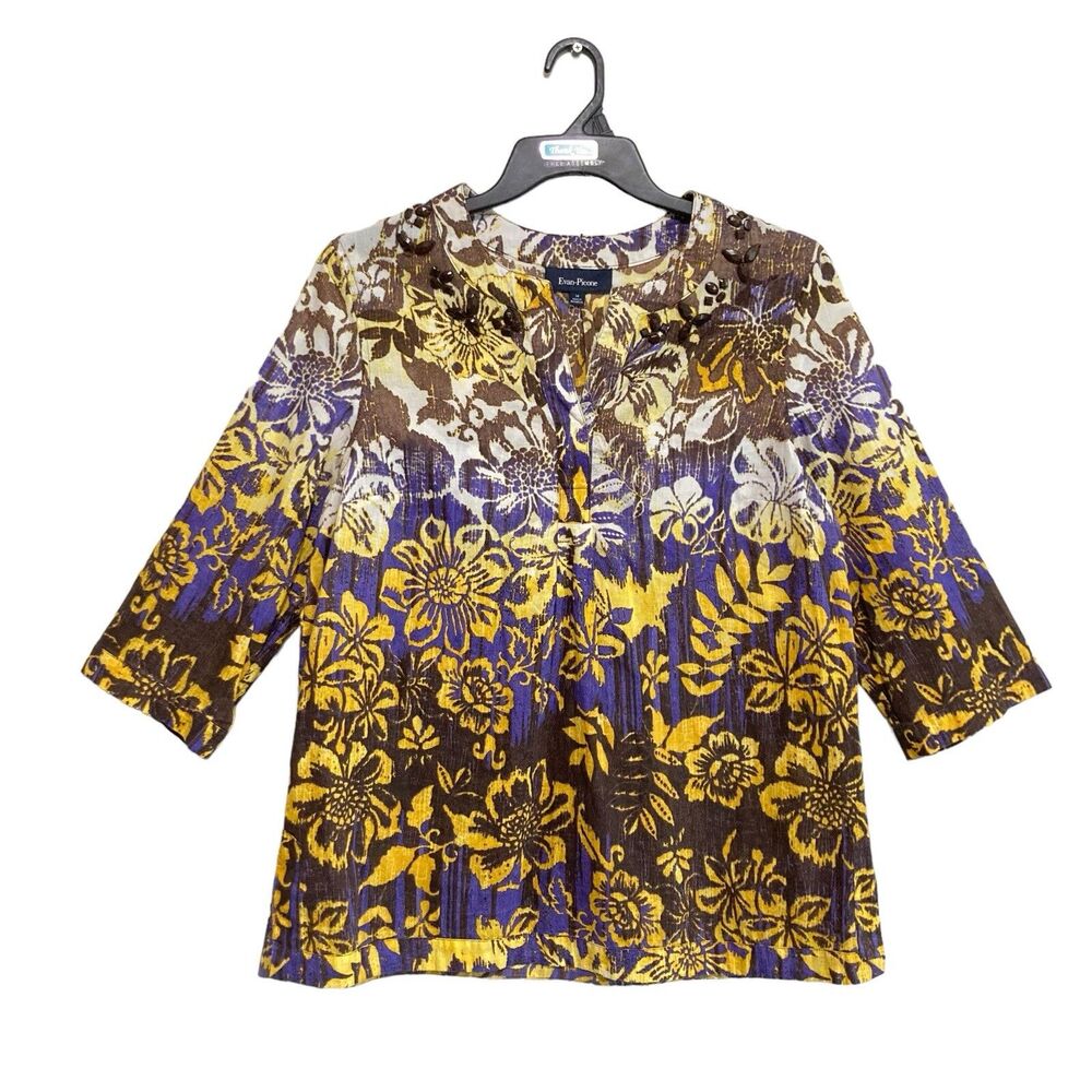Evan Picone Blouse Top Womens Size 14 Multicolored Floral Boho 3/4 Sleeve Cotton